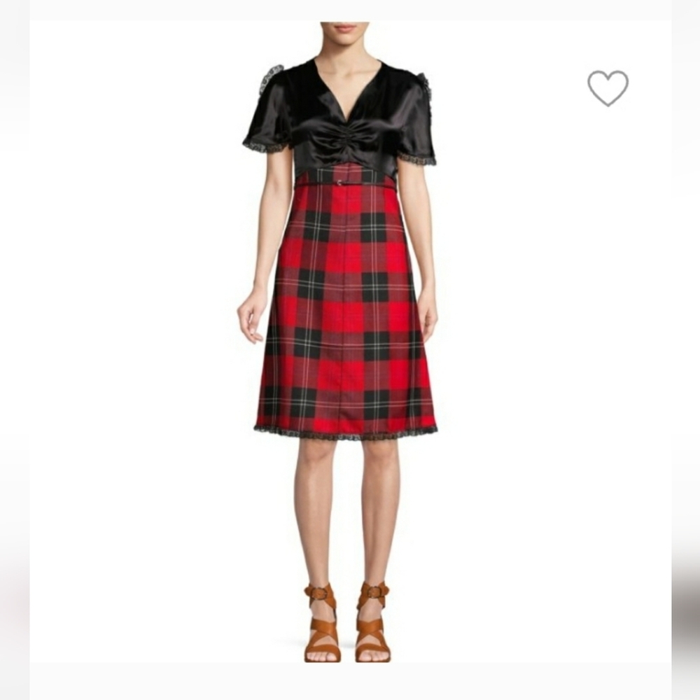 Miu Miu Black Satin Red Plaid Wool Dress Size IT 42 US 6/8 NWT